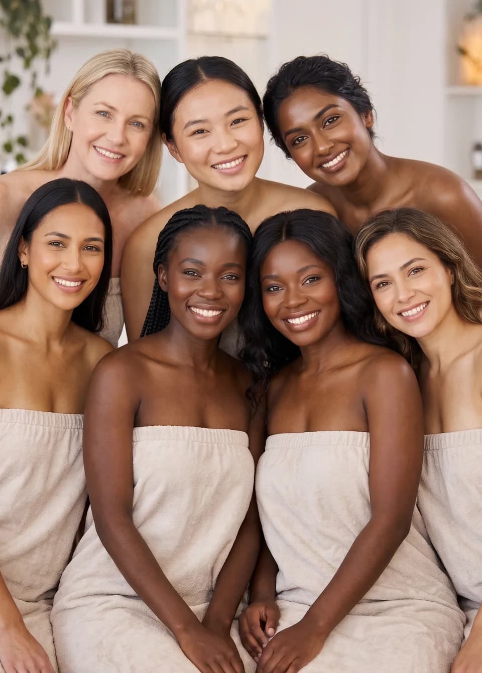 Seven smiling women with diverse skin tones from very fair to very dark (Fitzpatrick phototypes I–VI) – LightSheer Duet diode laser hair removal at Depiclinic Warsaw Mokotów